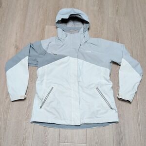 The North Face Rain Jacket Womens XL Grey White Colorblock Hooded Shell Flaws